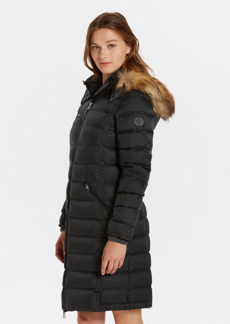 Woman in black winter coat with fur hood